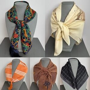 Lot 5 Vintage Ralph Lauren 100% Silk Scarves Equestrian Chain CricketHoundstooth